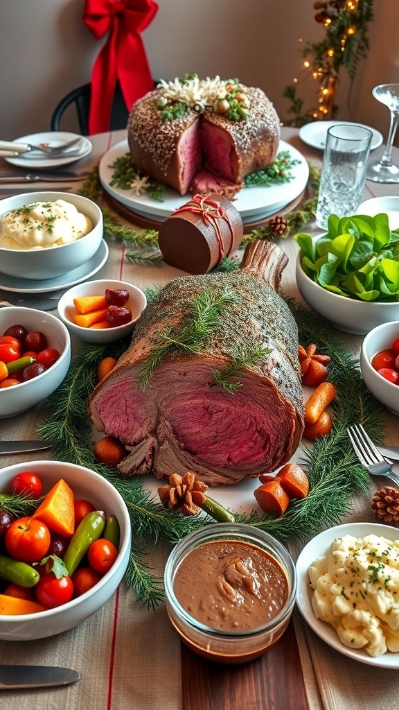 Christmas dinner table with prime rib, vegetables, salad, and Yule log cake.